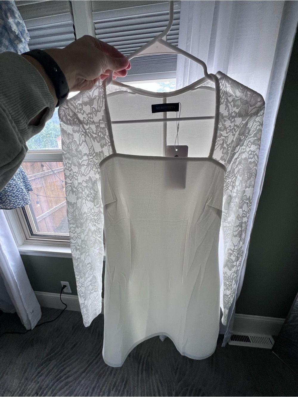 Astr White Square-Neck Dress with Lace Long Sleeves